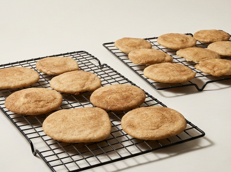 Multiple freshly baked sugar cookies cooling on wire racks.