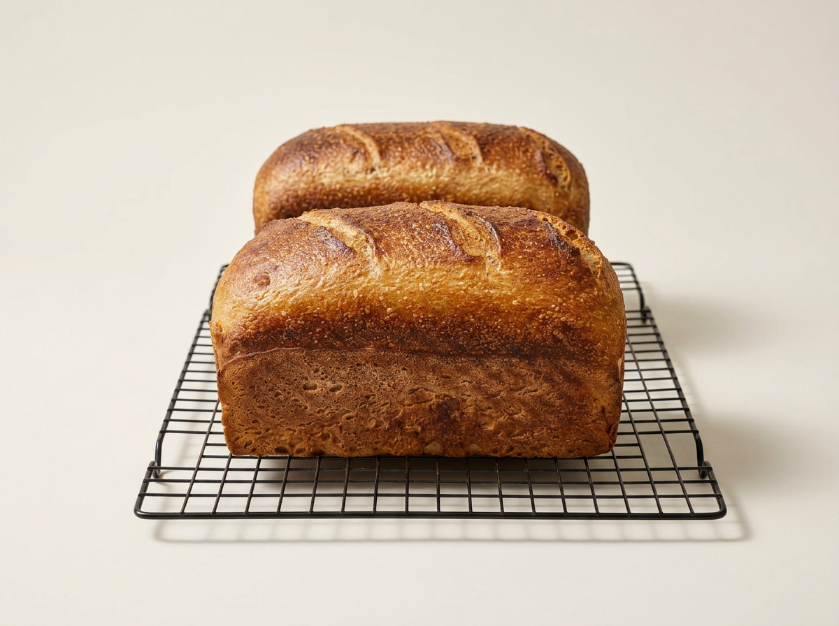 Two freshly baked loaves of bread cooling on a wire rack