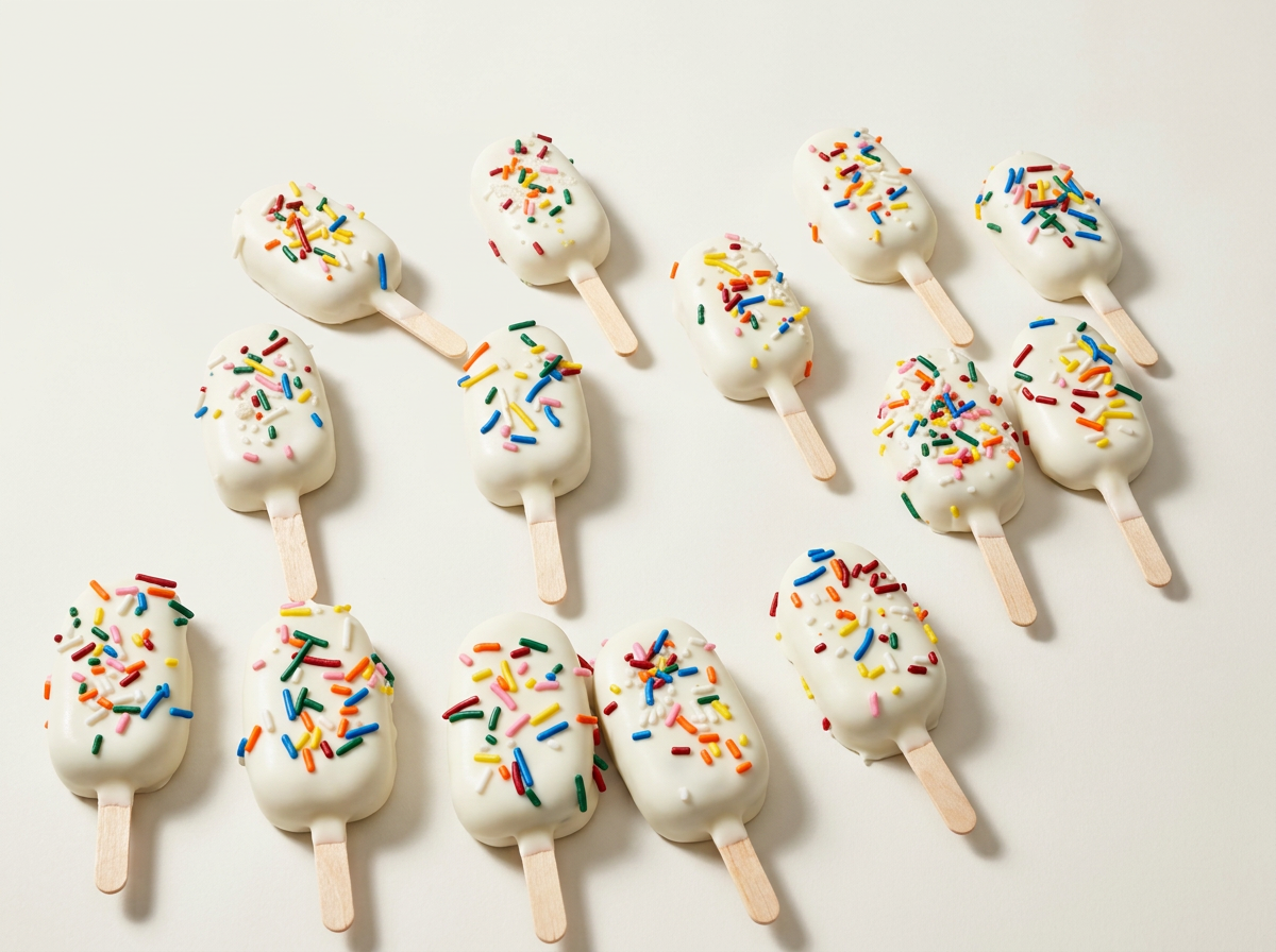 Fifteen popsicles with white coating and colorful sprinkles arranged on a white surface.