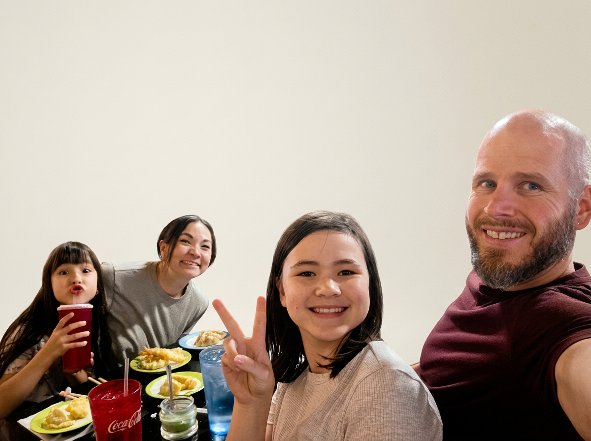 A group of four people, including two children and two adults, taking a selfie at a family meal. They are sitting at a table with various foods and drinks, smiling and making playful gestures.