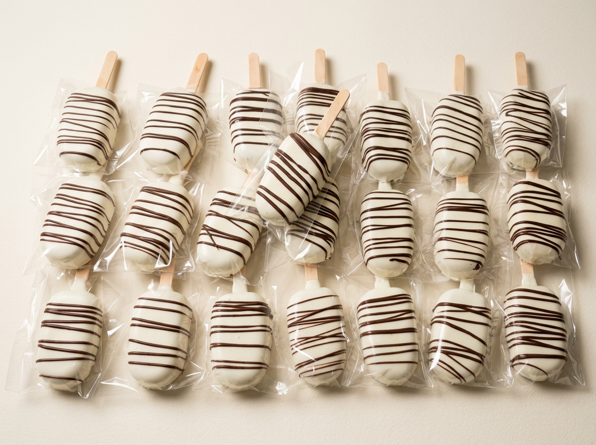 Assorted ice cream bars dipped in white chocolate with dark chocolate drizzle, individually wrapped in clear plastic and arranged on a light background.