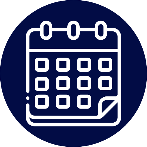 Icon of a calendar with pages turning over in a dark blue circle.