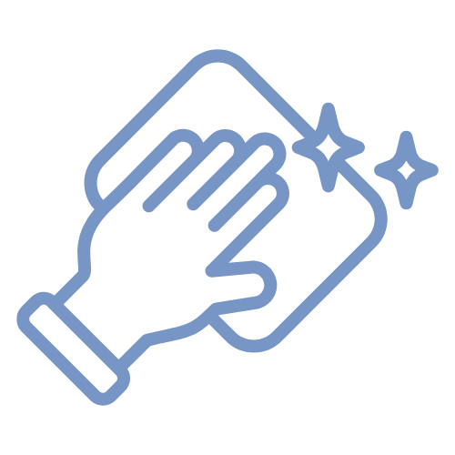 Hand holding a cleaning cloth with sparkles, cleaning a smartphone.