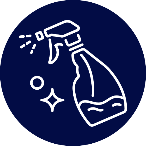 Icon of a spray bottle spraying liquid with bubbles and sparkles around it, representing cleaning or disinfecting.