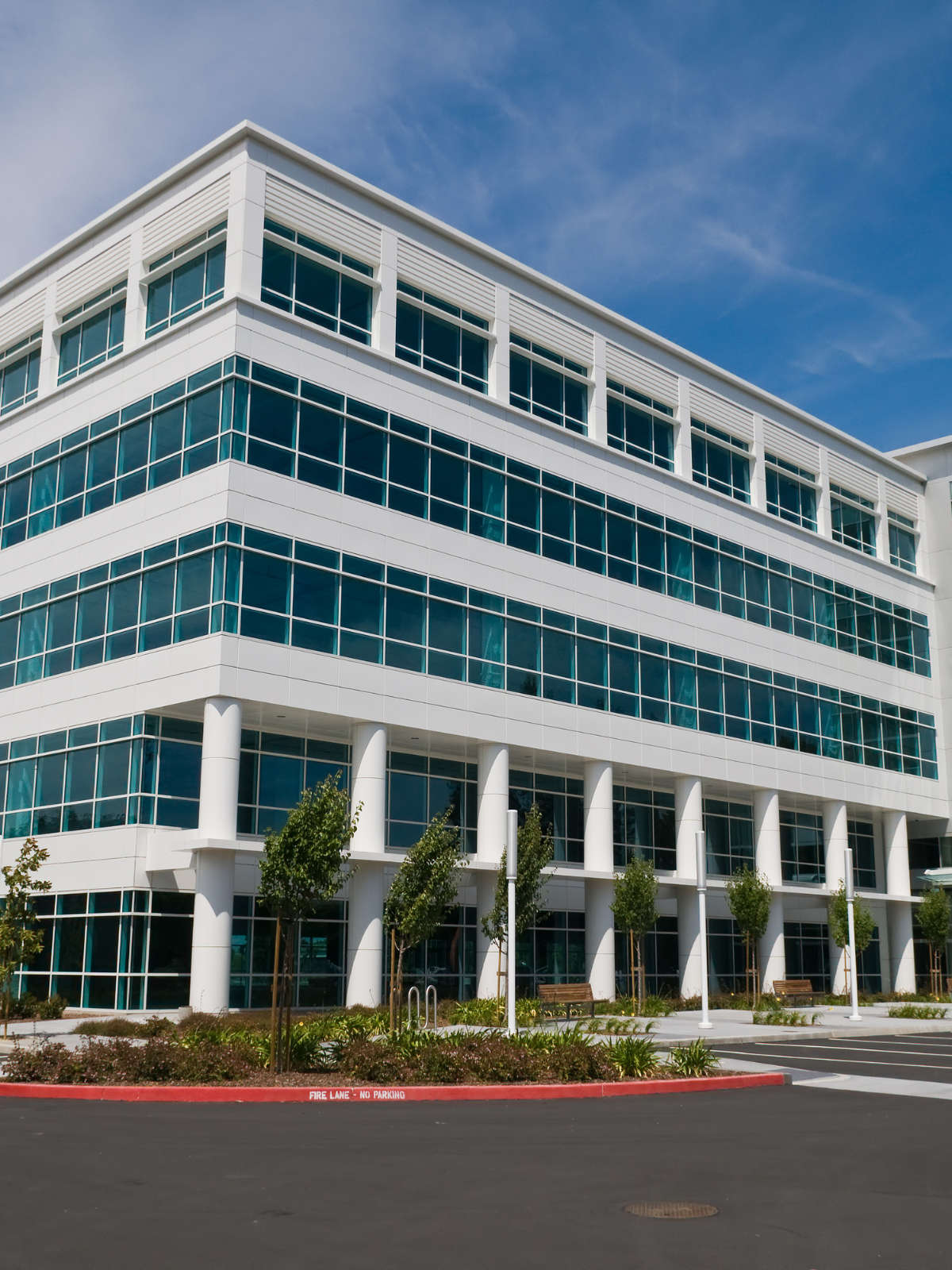Modern multi-story office building with glass windows, white exterior, and small trees in front, under a blue sky.