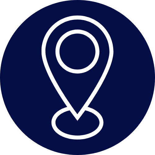 Icon of a location pin on a dark blue background.