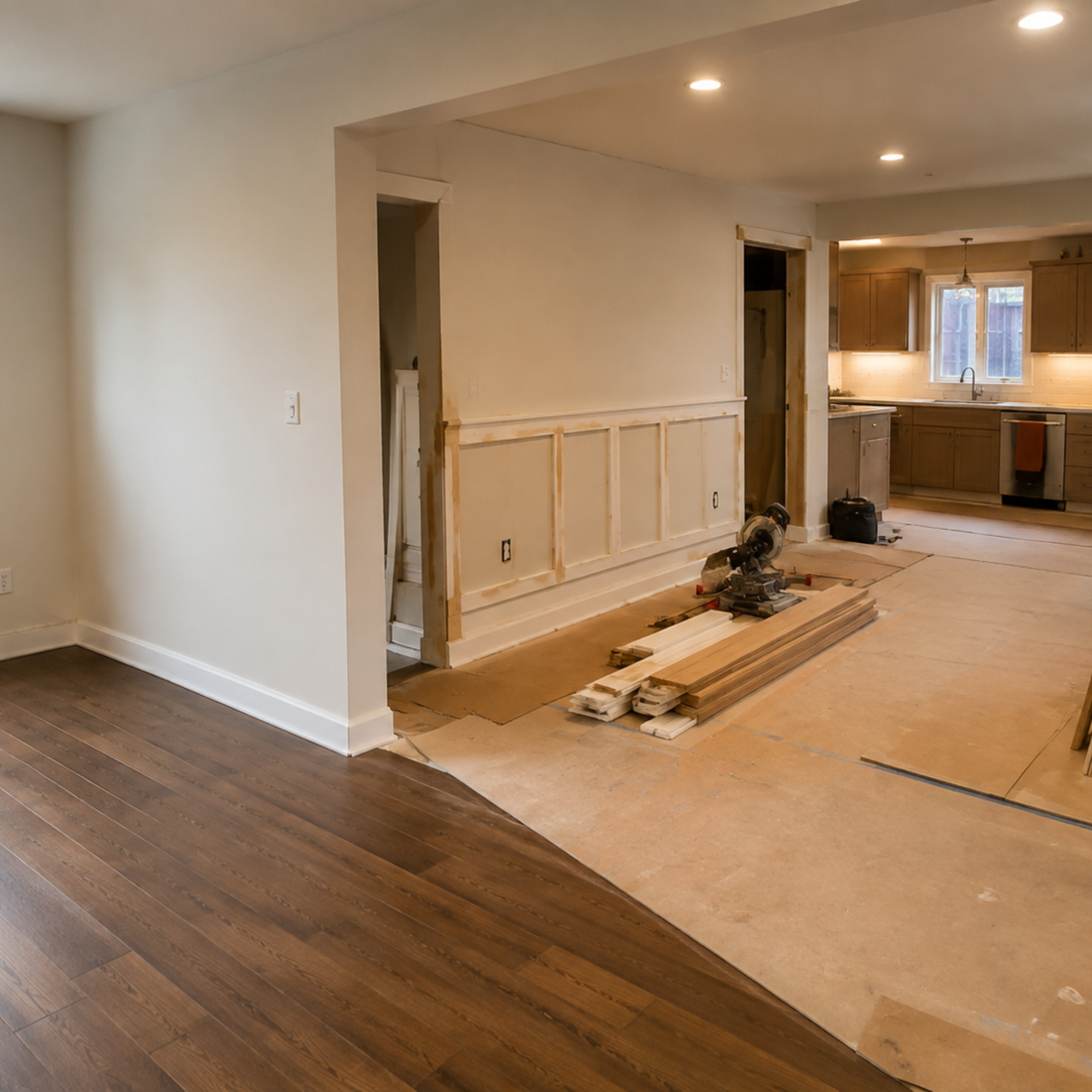 kitchen, dining room, and living room renovation