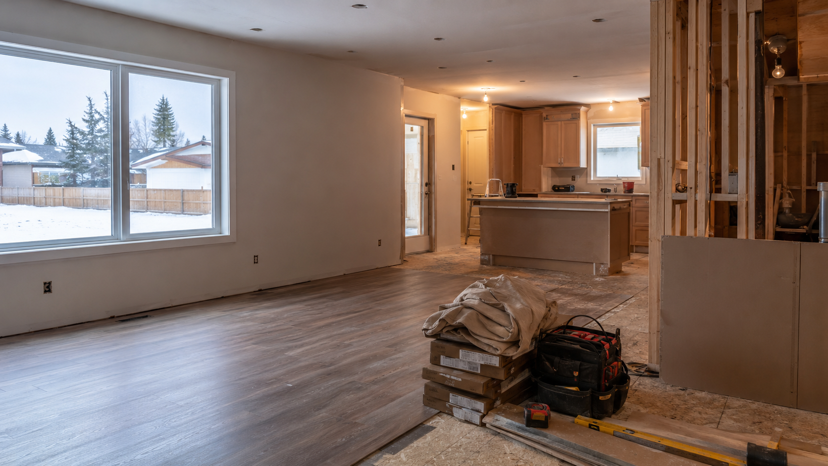 Interior view of a house under construction, showing a living room with a large window overlooking a snowy backyard, and an open kitchen area with wooden cabinets. Construction tools and materials are scattered on the floor.