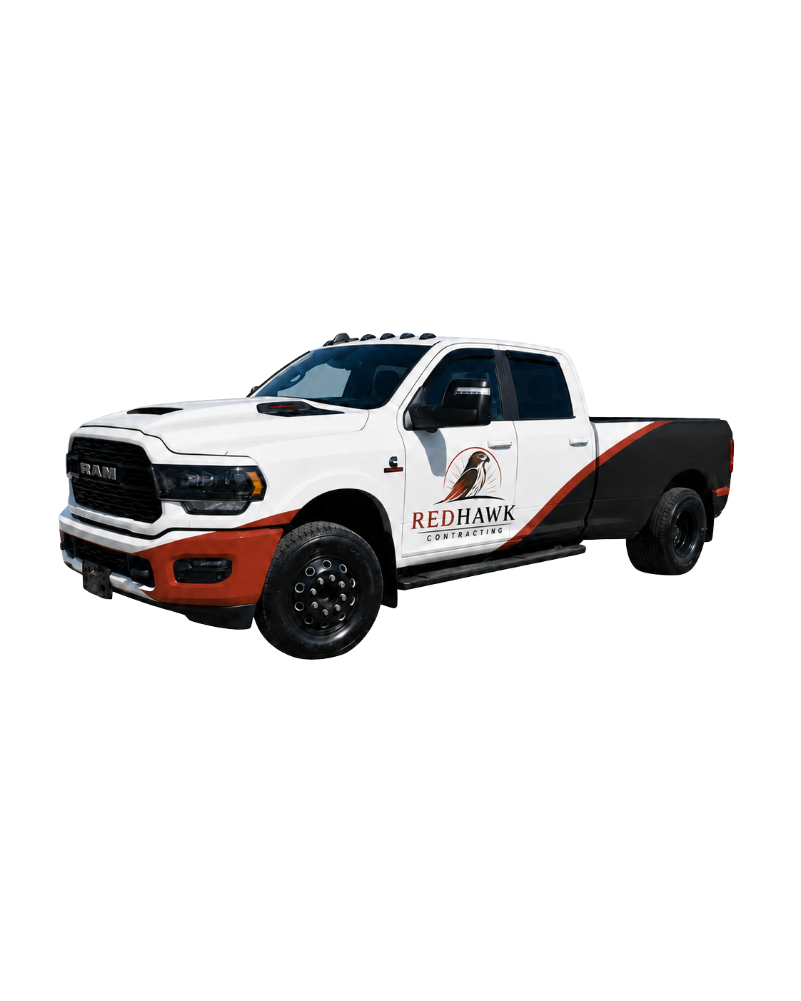 A white and black pickup truck with Red Hawk Contracting logo on the side, featuring a hawk illustration.