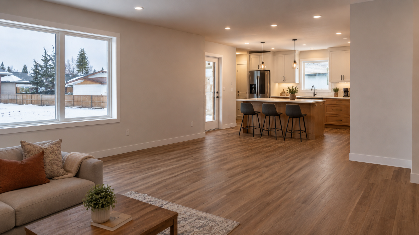 Open-concept living room and kitchen with wood flooring, large window showing snowy backyard, beige sofa with pillows, small wooden coffee table with plant, white kitchen cabinets, island with three black chairs, stainless steel refrigerator, and pendant lighting.