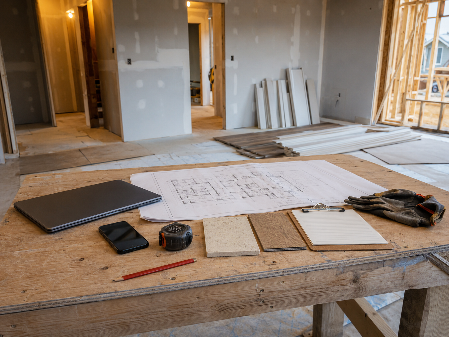 Construction plans, tools, and materials on a wooden table inside a house under construction.
