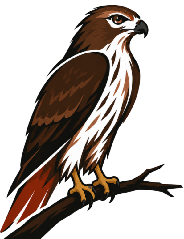 Illustration of a hawk perched on a branch, facing right, with brown, white, and reddish feathers against a black background.