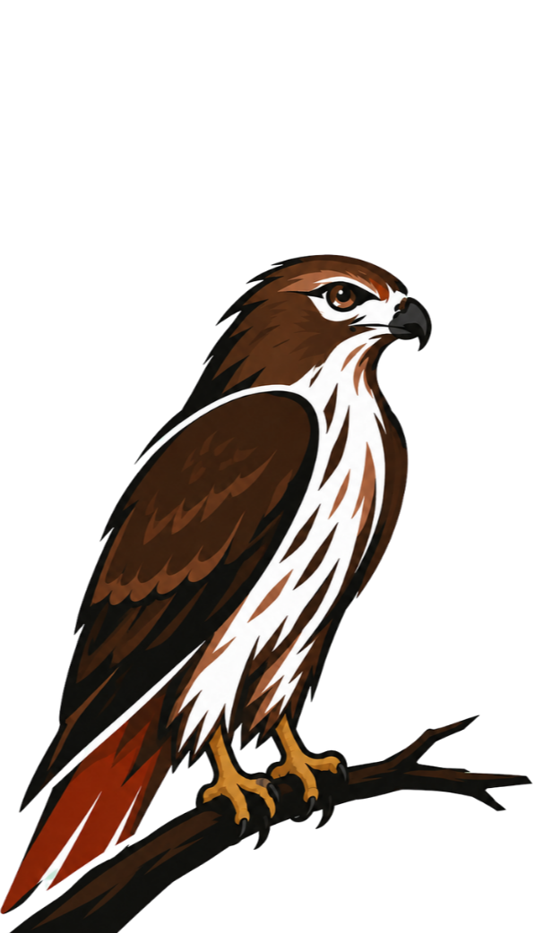 Digital illustration of a bird of prey, likely a hawk or falcon, perched on a branch against a black background.
