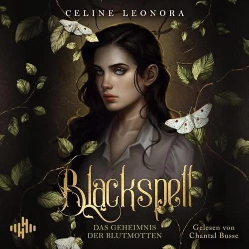Book cover titled 'Blackspell' with an illustrated woman with dark wavy hair, surrounded by green leaves and white butterflies, and the author's name, Celine Leonora, at the top.