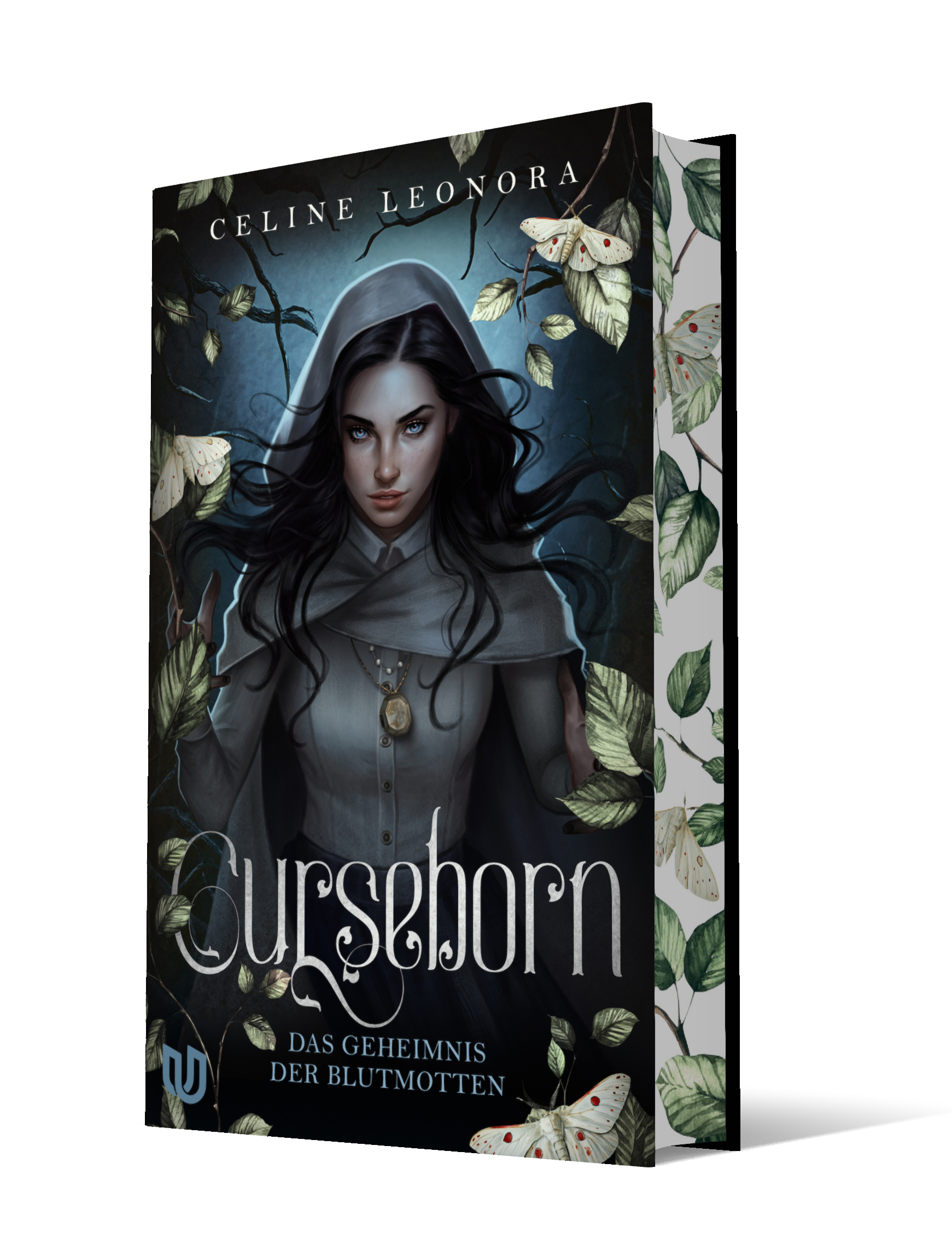 Book cover with a woman with dark hair and blue eyes surrounded by leaves and white moths, titled 'Celine Leonora' with German subtitle 'Das Geheimnis der Blutmotten.'