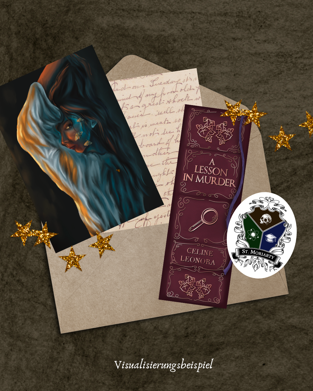 A mysterious letter, a book titled "A Lesson in Murder" by Celine Leonora, a colorful portrait of a woman with long blue hair and gold accents, a badge of St. Moriarty, and gold star decorations arranged on a surface.