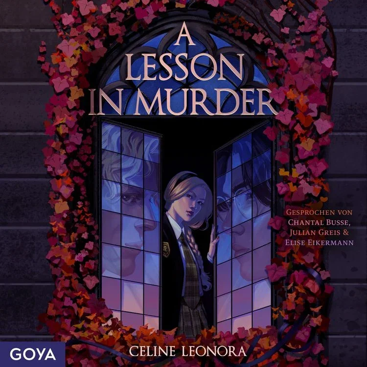 Book cover titled 'A Lesson in Murder,' featuring a young woman with blonde hair in a school uniform looking out a window, surrounded by colorful autumn leaves.