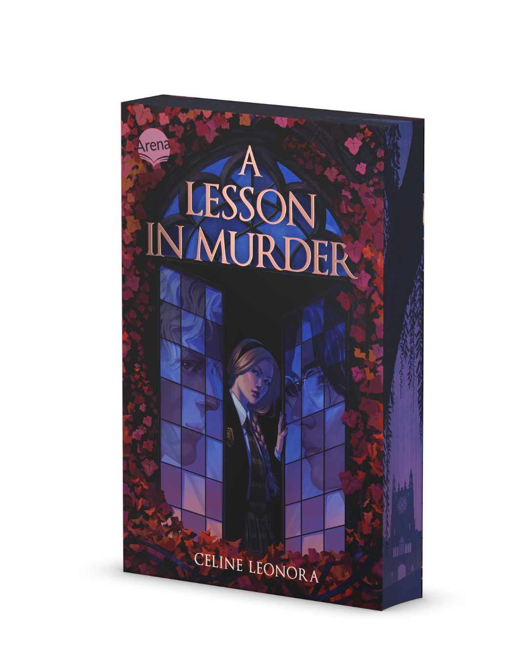 The cover of a book titled 'A Lesson in Murder' by Celine Leonora, illustrated with dark, gothic-style art featuring a woman, a man, and a maze-like window with ivy and flowers surrounding it.