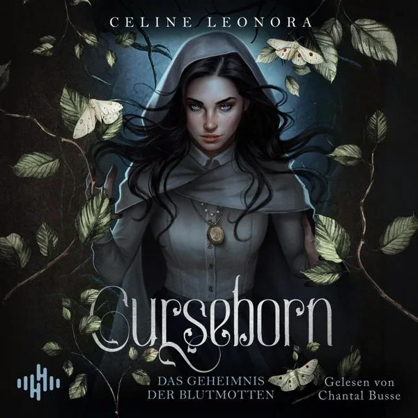 Illustration of a woman with dark hair and a gray hooded cloak, surrounded by white moths and green leaves, with the title 'Cursedborn' and the author's name 'Celine Leonora'.