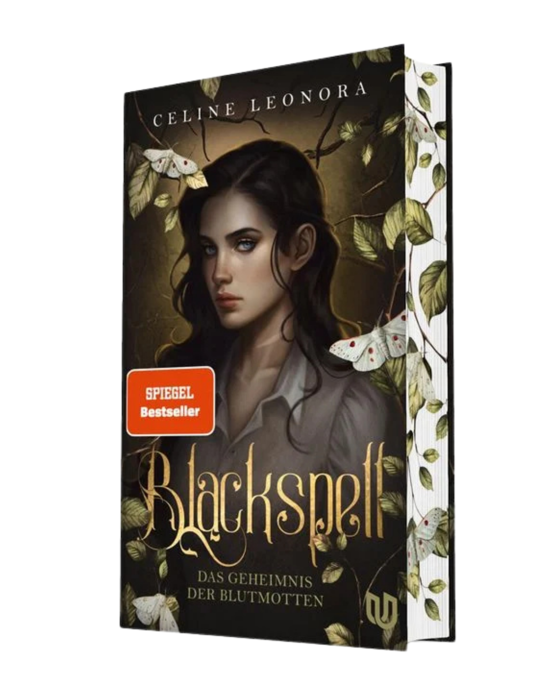Book cover titled "Blackspell" by Celine Leonora, featuring a dark-haired woman with blue eyes, surrounded by vines and white butterflies, with a red sticker that says "SPIEGEL Bestseller" and German subtitle "Das Geheimnis der Blutmäntel."