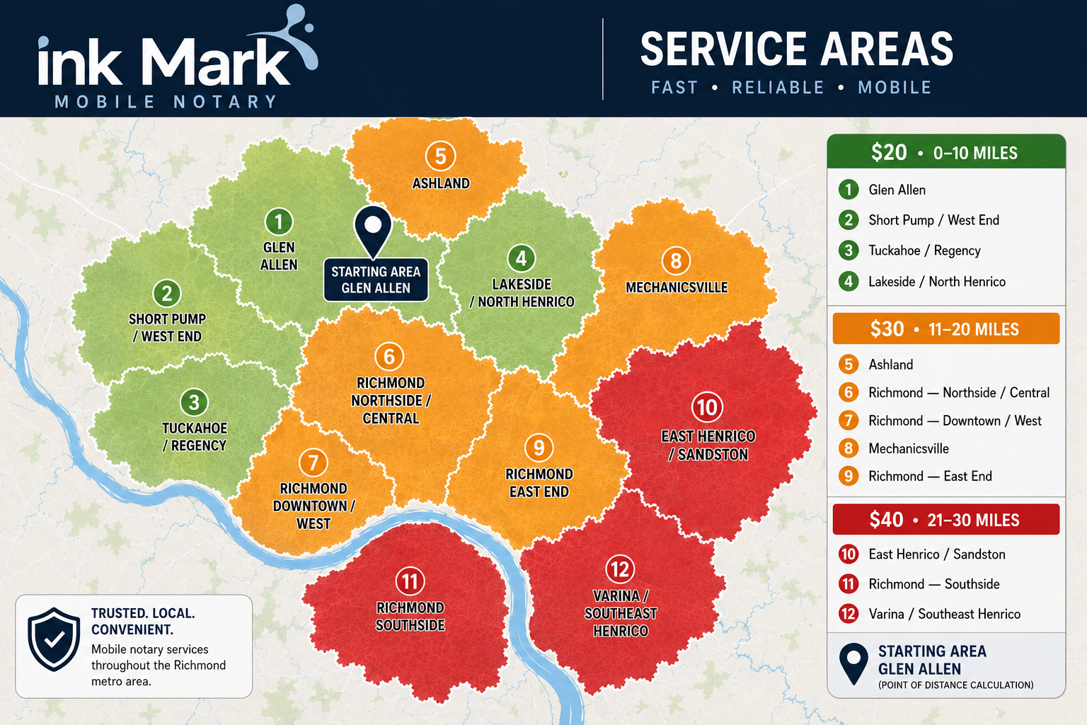 Ink Mark’s Richmond-area travel zones, centered on Glen Allen