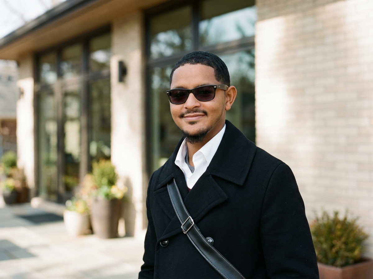 A man wearing sunglasses and a black coat standing outside a building with large windows and potted plants.