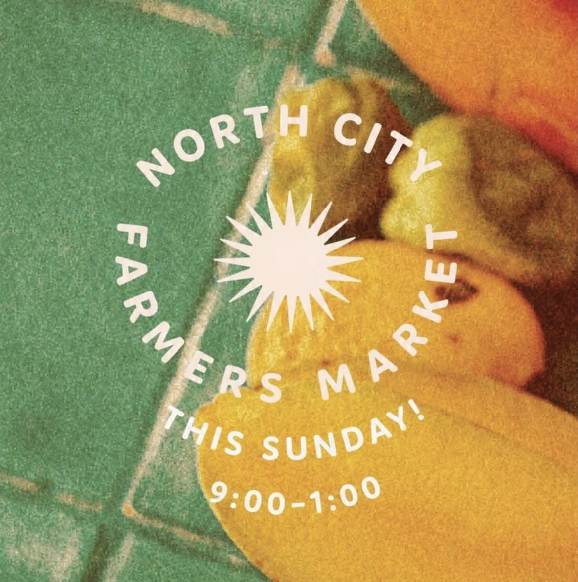 A colorful close-up of peaches and a green textile background, with white circular text overlay promoting a farmers market this Sunday from 9:00 to 1:00 in North City.