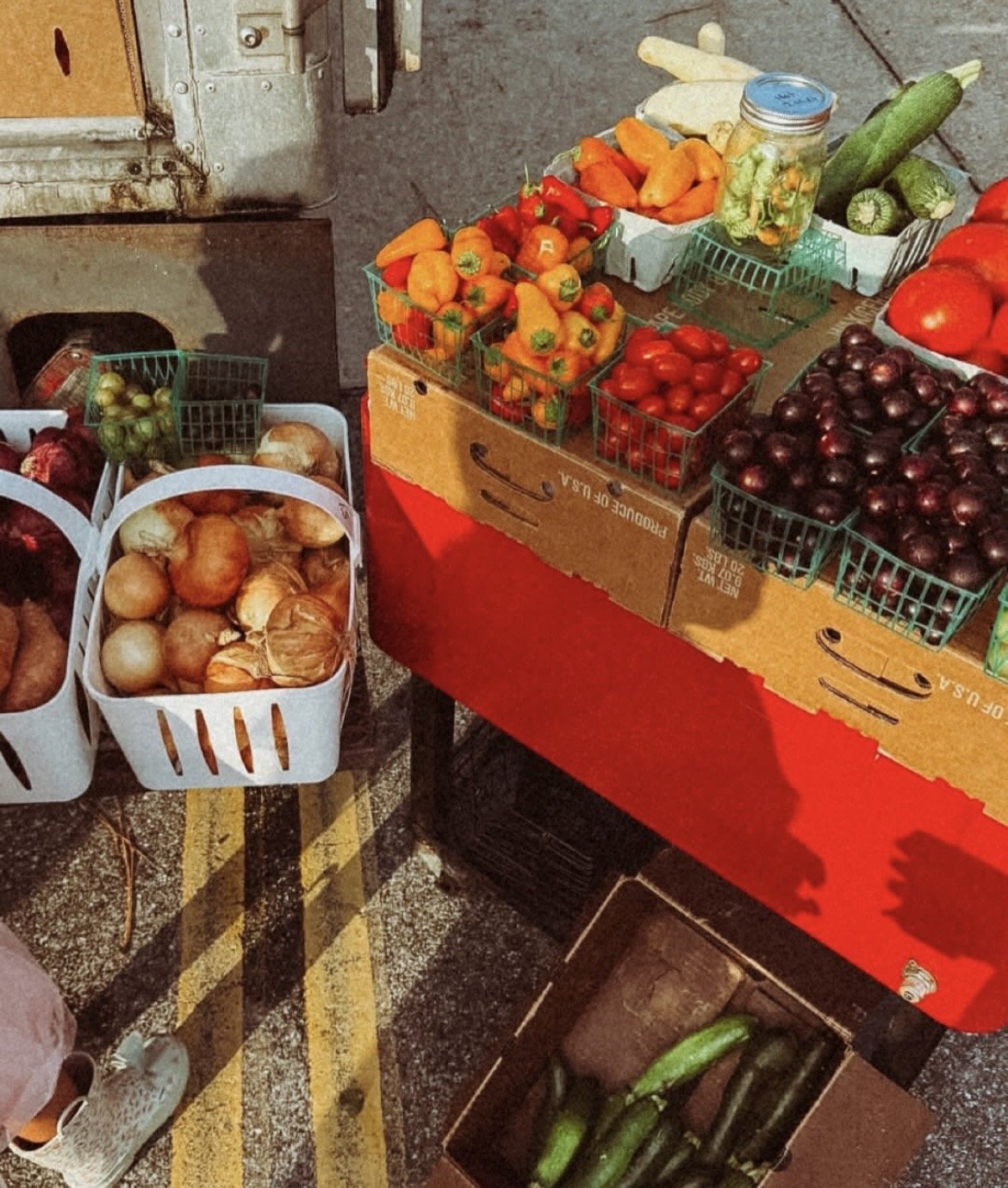 Fresh vegetables and onions at an outdoor market stand, including tomatoes, carrots, cucumbers, and peppers.