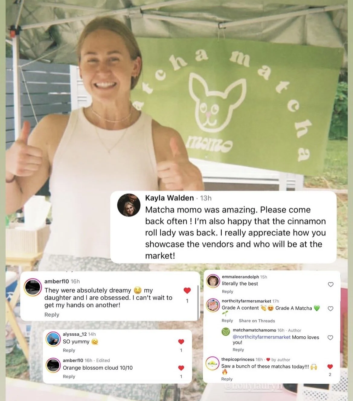 A woman smiling and giving two thumbs up at a market stall with a green sign behind her that says "Matcha Mama" with a cartoon matcha tea cat logo.