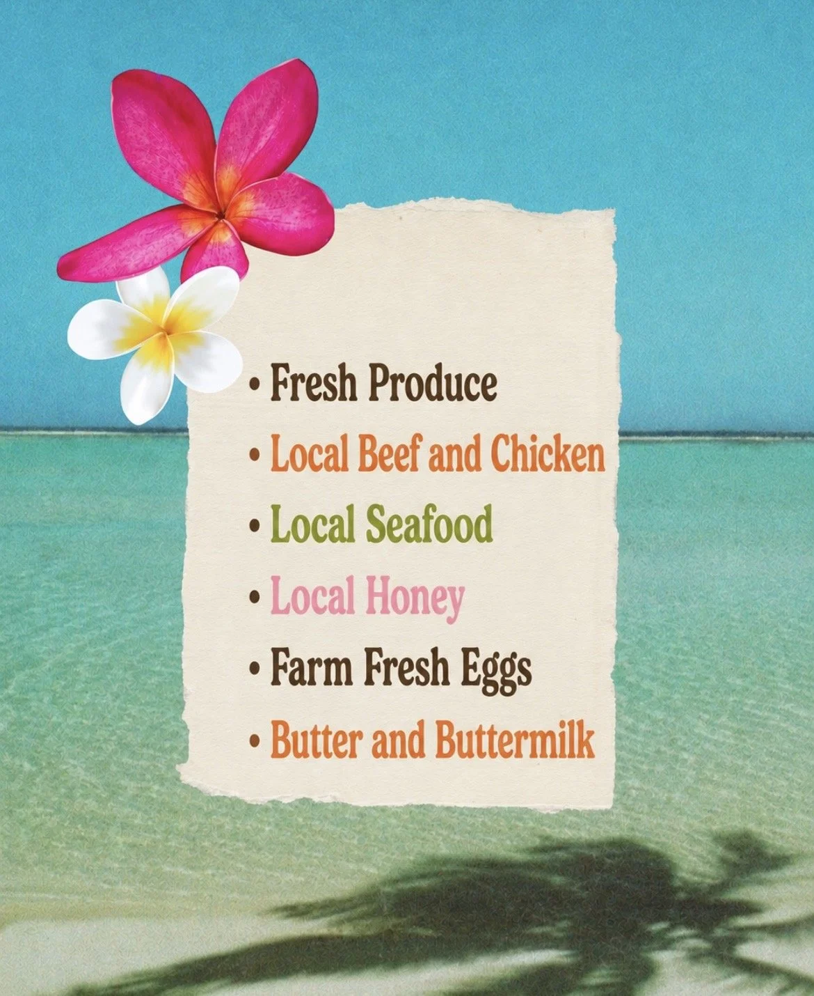 Menu listing fresh produce, local beef and chicken, local seafood, local honey, farm fresh eggs, and butter and buttermilk, decorated with pink and white flowers against a colorful background.