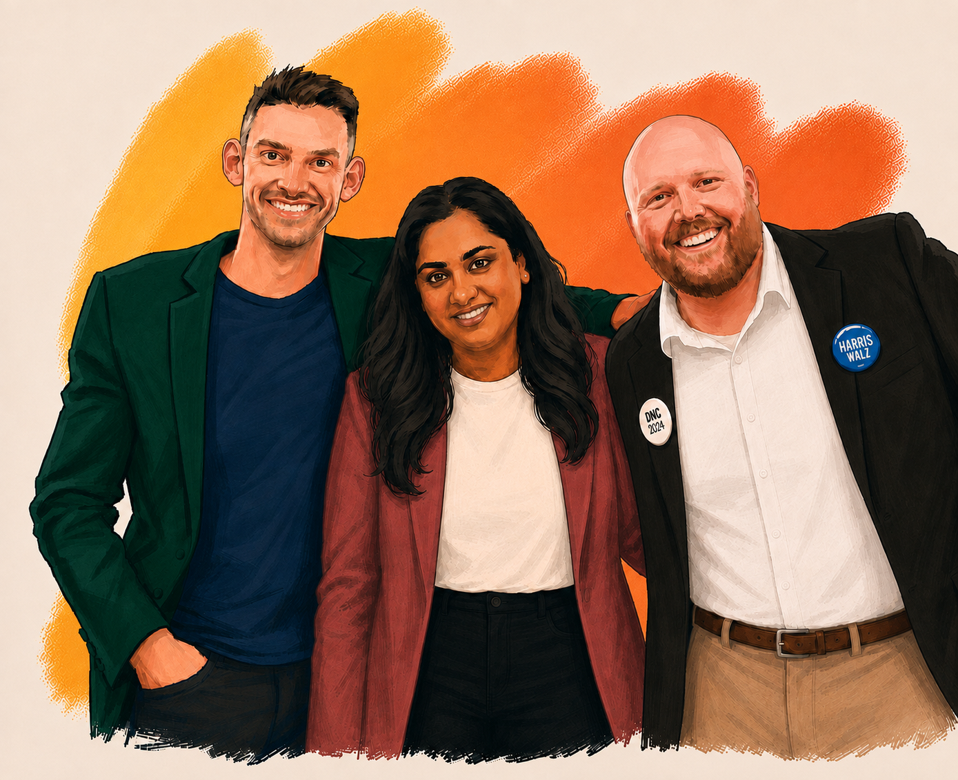 Three diverse people smiling at a political event with campaign buttons, standing in front of an orange background.