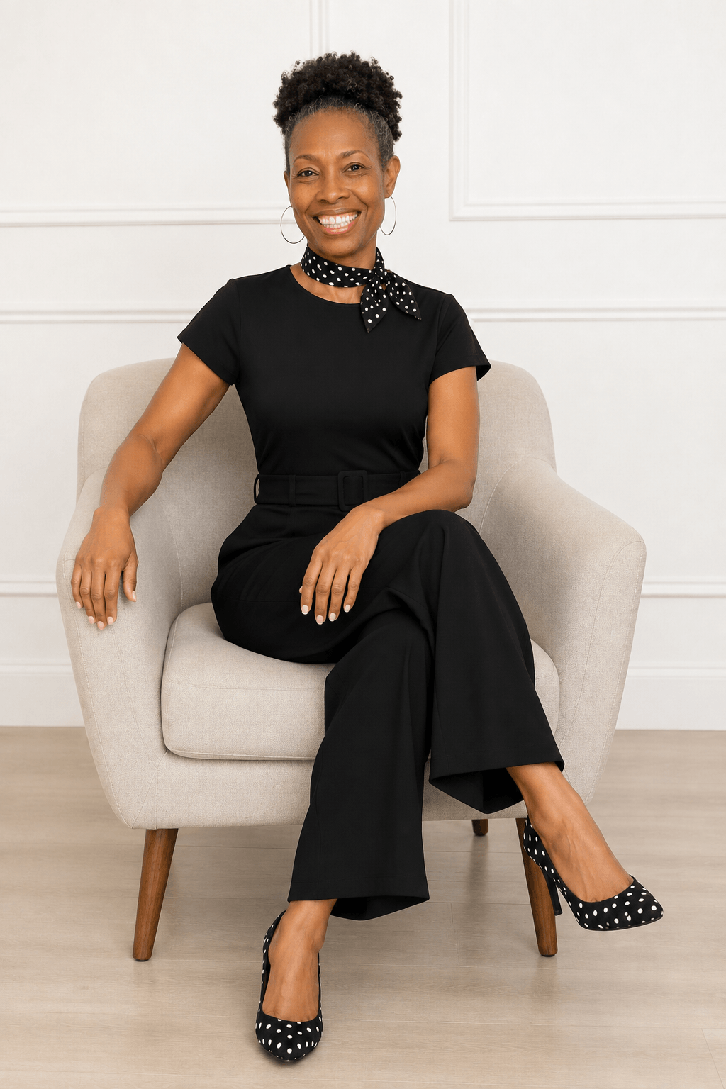 Tammy Foxx, business builder and speaker, sitting in a chair with her legs crossed in a black jumpsuit with a black-and-white polka-dot scarf and shoes.
