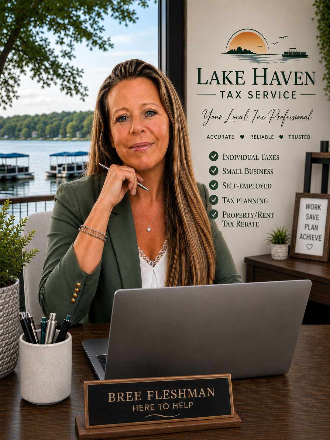A woman sitting at a desk outdoors with a lake view in the background, holding a pen, and smiling. Behind her is a sign for Lake Haven Tax Service listing services like individual taxes, small business, self-employed, tax planning, and property/rent tax rebate.