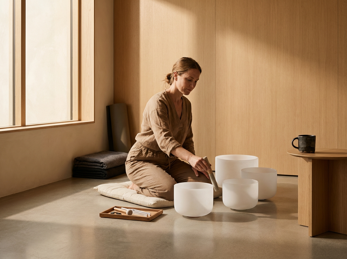 Woman kneeling on a cushion, playing white glass or ceramic bowls with a mallet in a minimalist room with wooden walls and soft natural light.