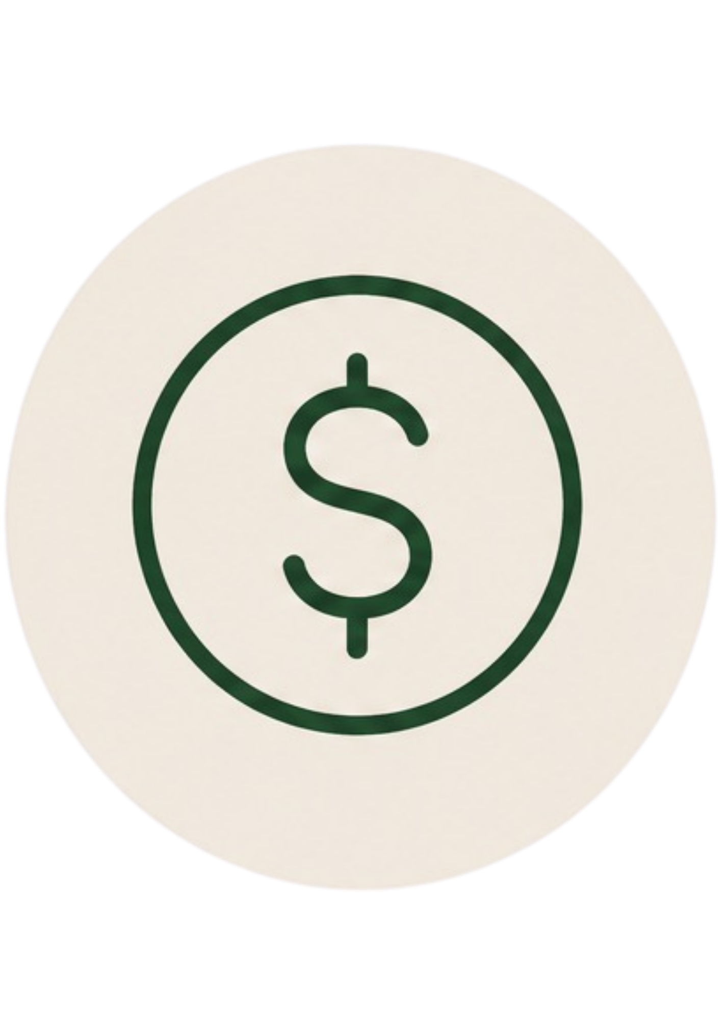 Close-up of a white circular button with a dark green dollar sign in the center.