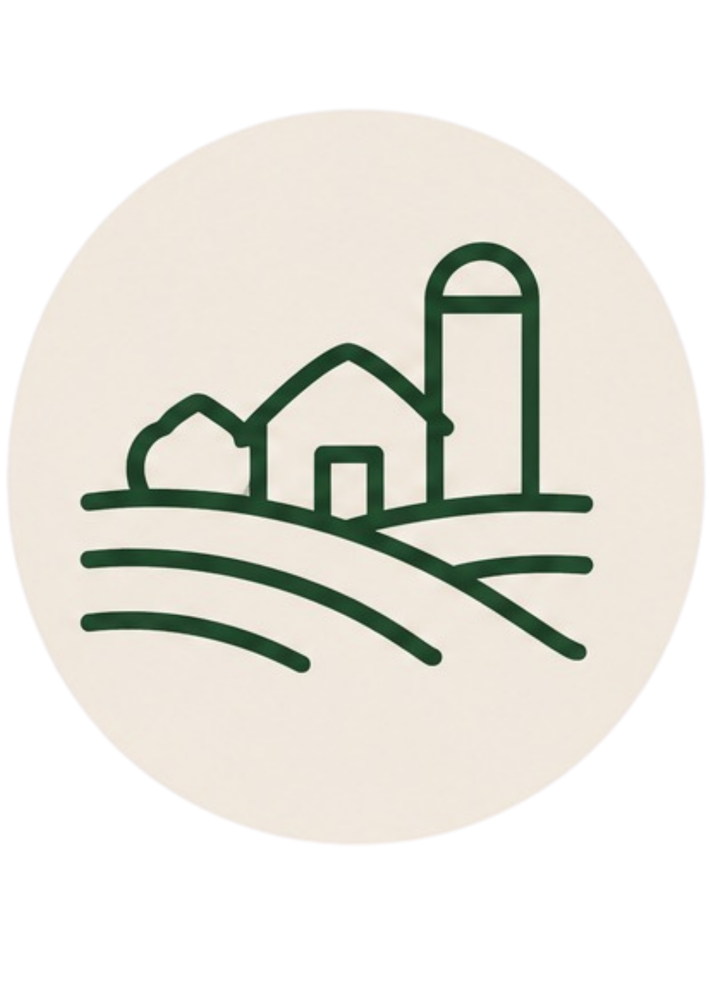 Line drawing of a farm with a barn, a silo, a cow, and fields
