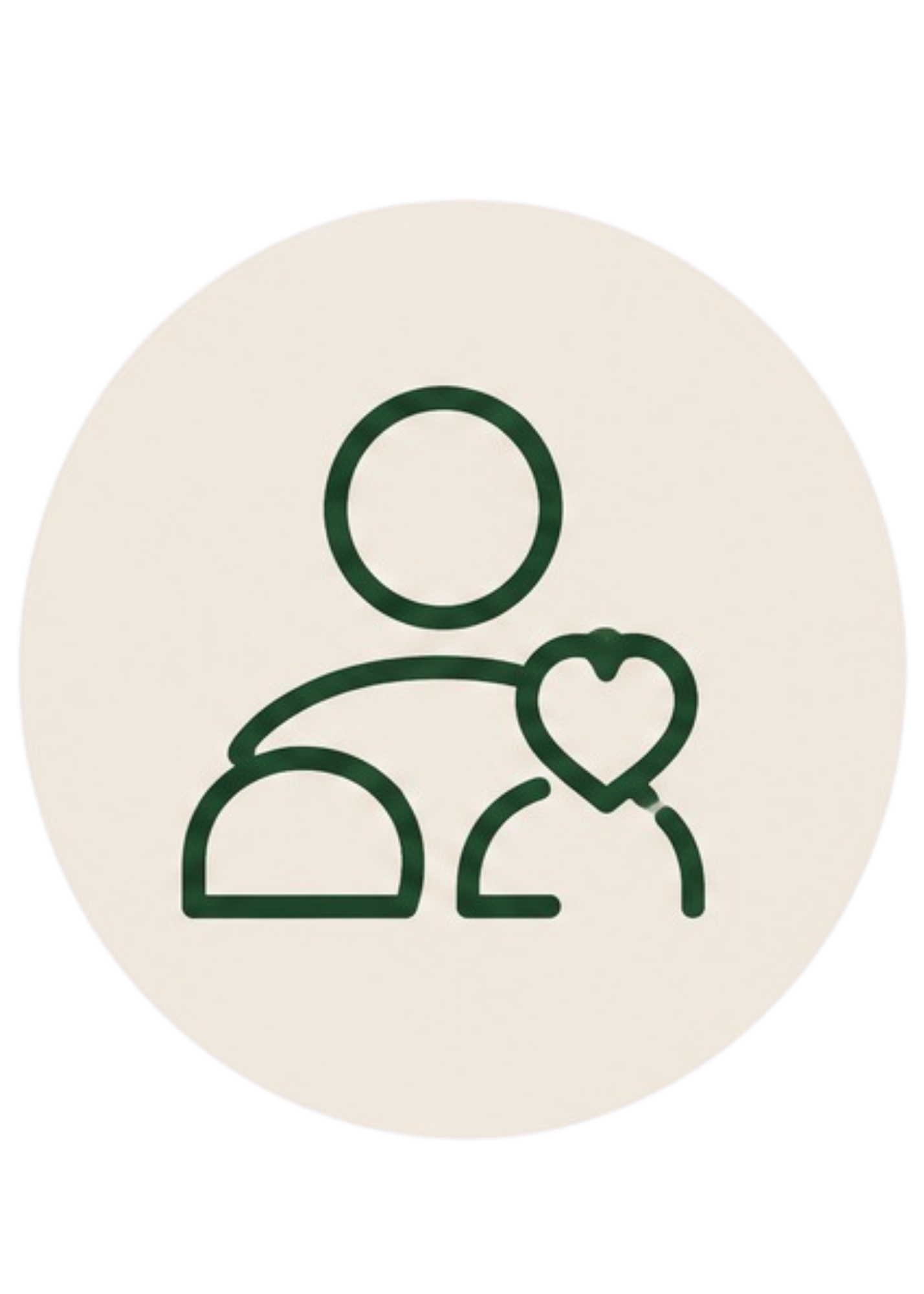 Line drawing of a person with a heart-shaped object, a circle, and a semi-circle over the shoulders, on a white circular background with a red and teal border.
