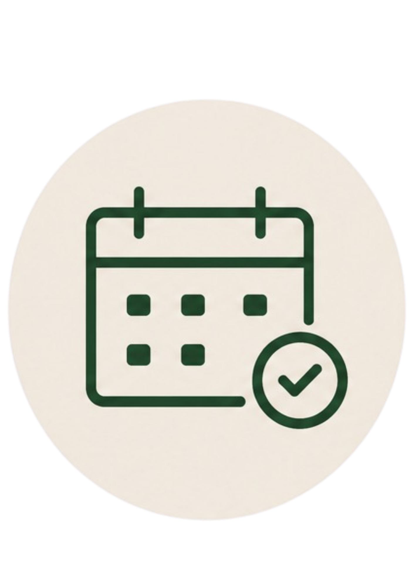 A graphic icon of a calendar with a check mark in a circle.