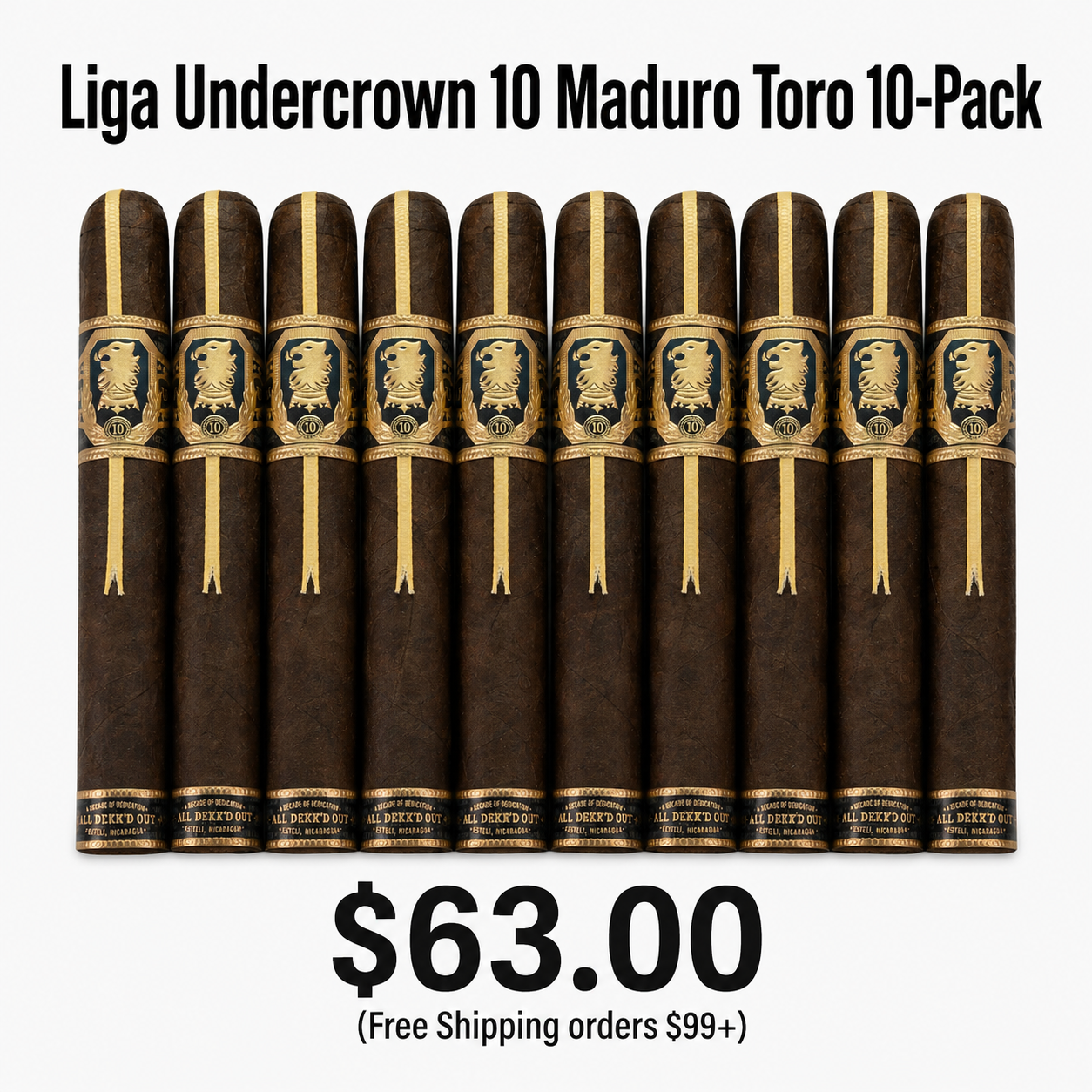 Ten cigars with black and gold labels featuring a lion emblem, lined up side by side. Price $63.00, free shipping on orders over $99.