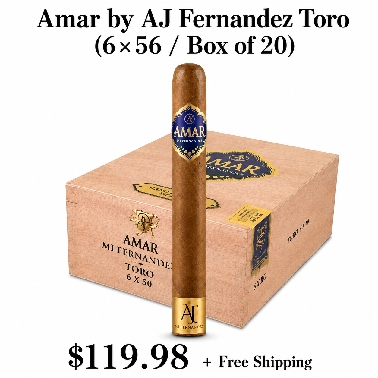 A box of 20 Amar by AJ Fernandez Toro cigars, 6 x 56 size, priced at $119.98 with free shipping, featuring a single cigar in front of the box.