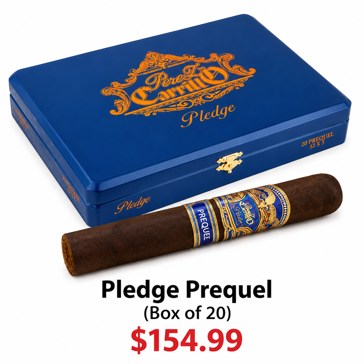 A blue box and a opened cigar with a blue and gold band. The box has gold decorative design and lettering, including the words 'Pledge' and 'Pledge Prequel', and holds 20 prequel cigars, size 52 x 5. The price displayed is $154.99.