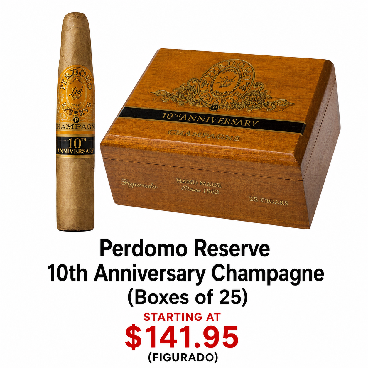 A cigar and a wooden box of Perdomo Reserve 10th Anniversary Champagne cigars, with details about the cigars and price.