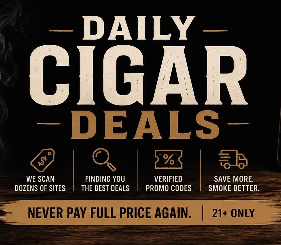 Sign advertising daily cigar deals with text about scanning sites, finding deals, verified promo codes, and smoking better, with a note about never paying full price and being 21+.