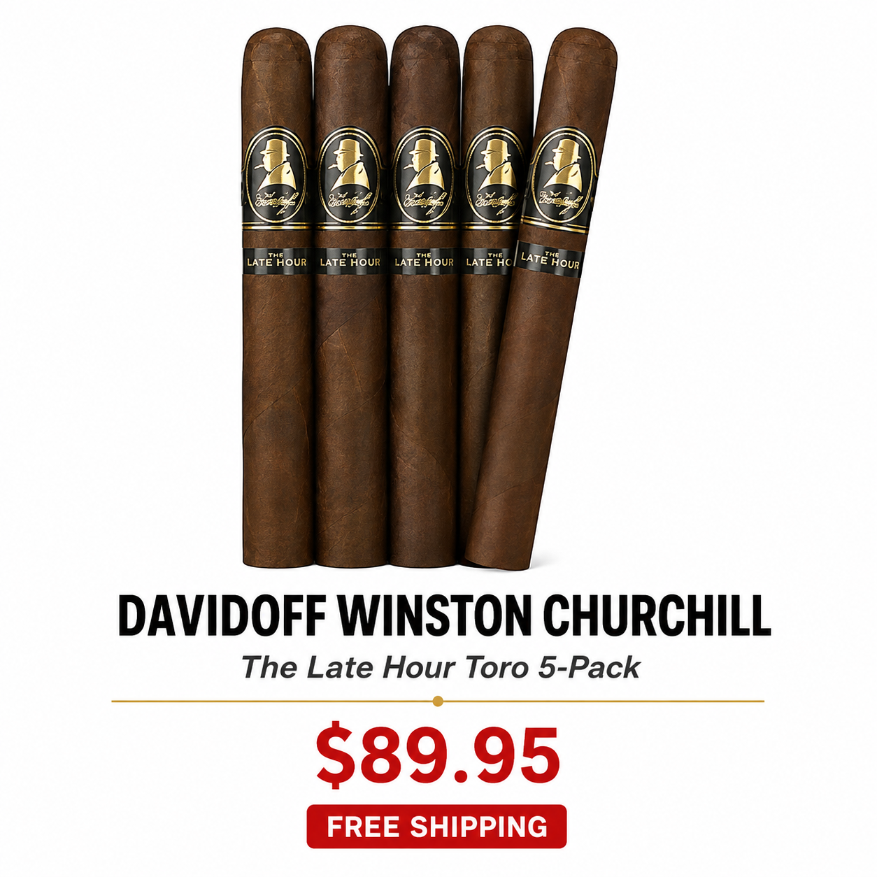 Five Davidoff Winston Churchill cigars with black and gold labels against a white background advertising a 5-pack for $89.95 with free shipping.
