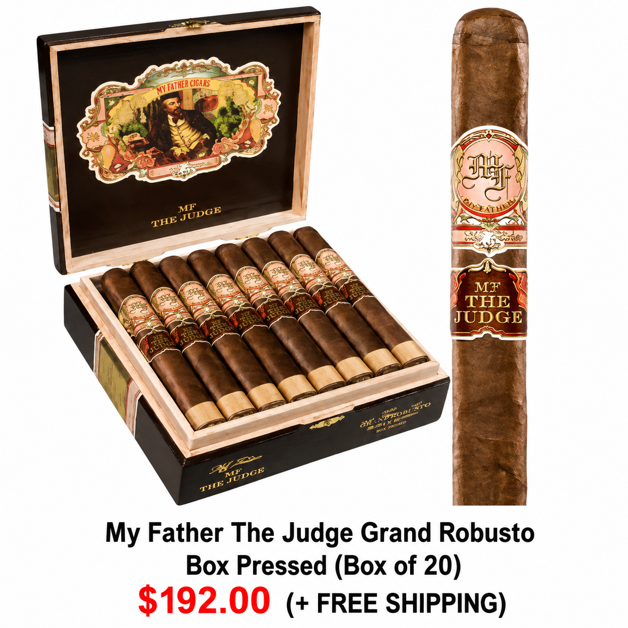 Open black box containing 20 cigars labeled 'My Father The Judge Grand Robusto.' Two cigars are placed outside the box, one upright. Pricing and shipping details below.