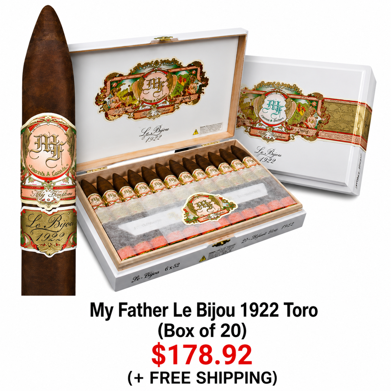 A box of 20 cigars labeled 'My Father Le Bijou 1922 Toro' with a cigar outside the box showing the same label, priced at $178.92 with free shipping.