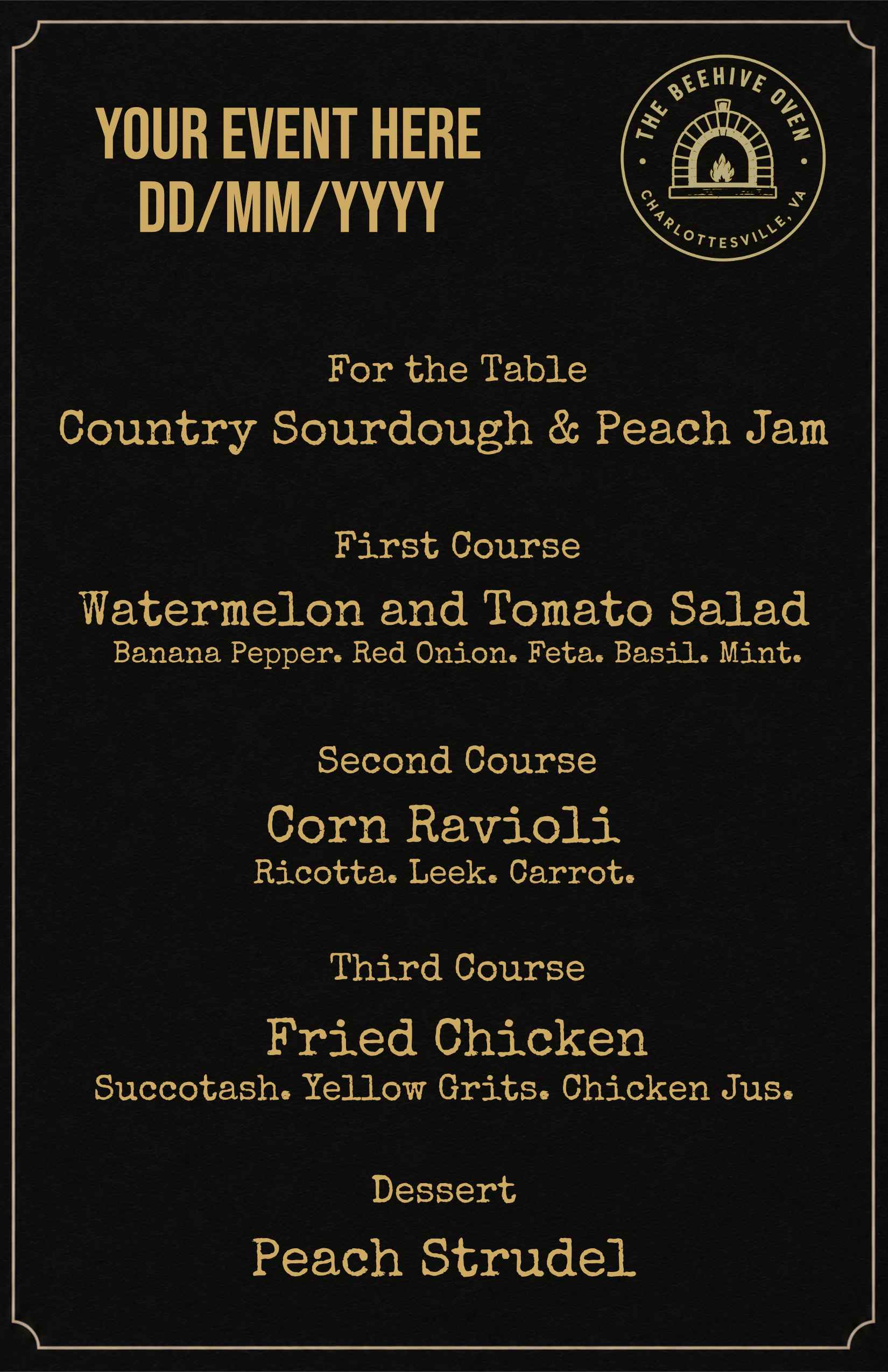 Event menu with options for appetizers, main courses, and desserts, including dishes like country sourdough and peach jam, corn ravioli, and peach strudel.