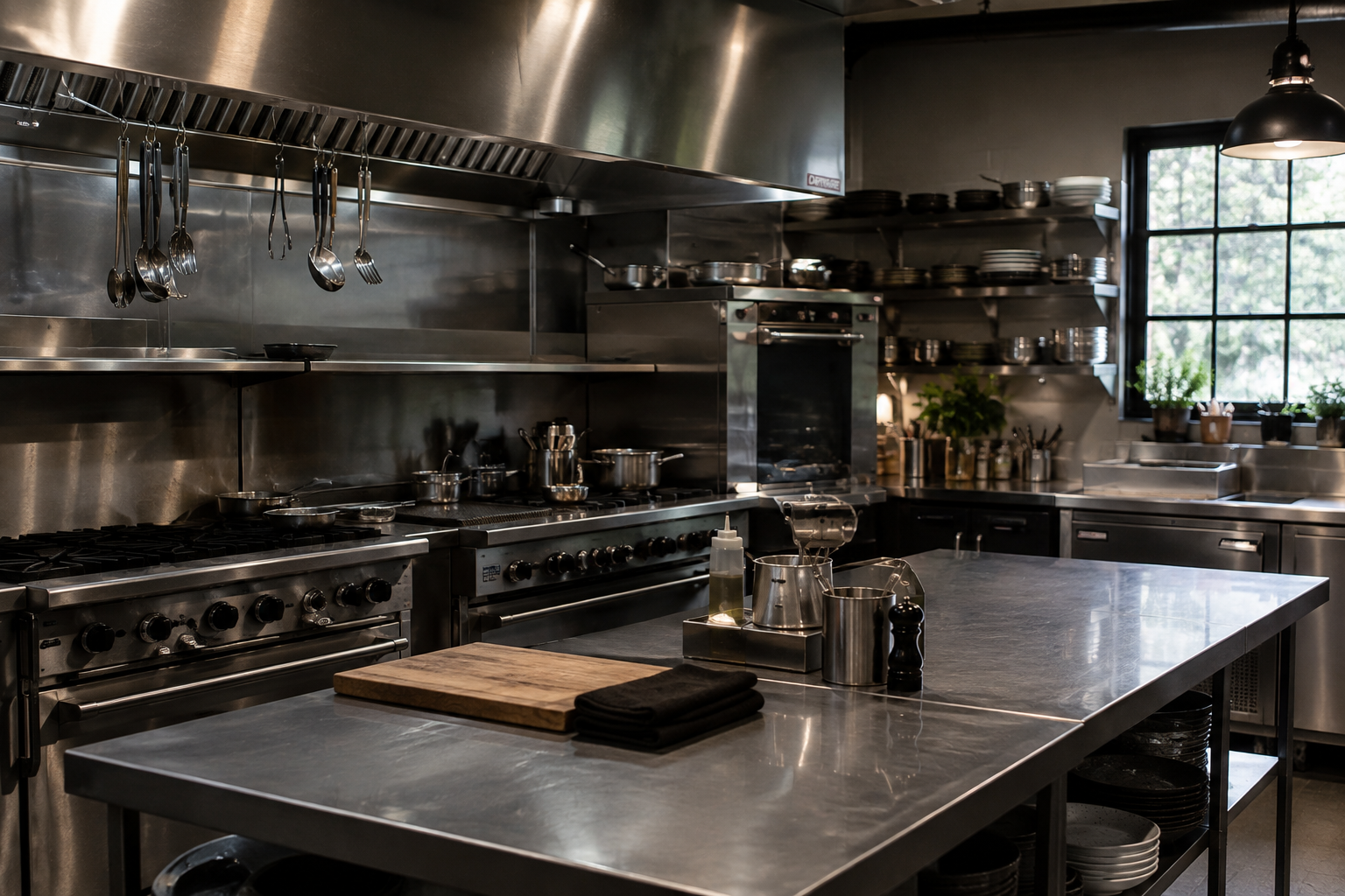 Stainless steel kitchen with hanging utensils, a stove, and shelves with dishes, near a window with potted plants.