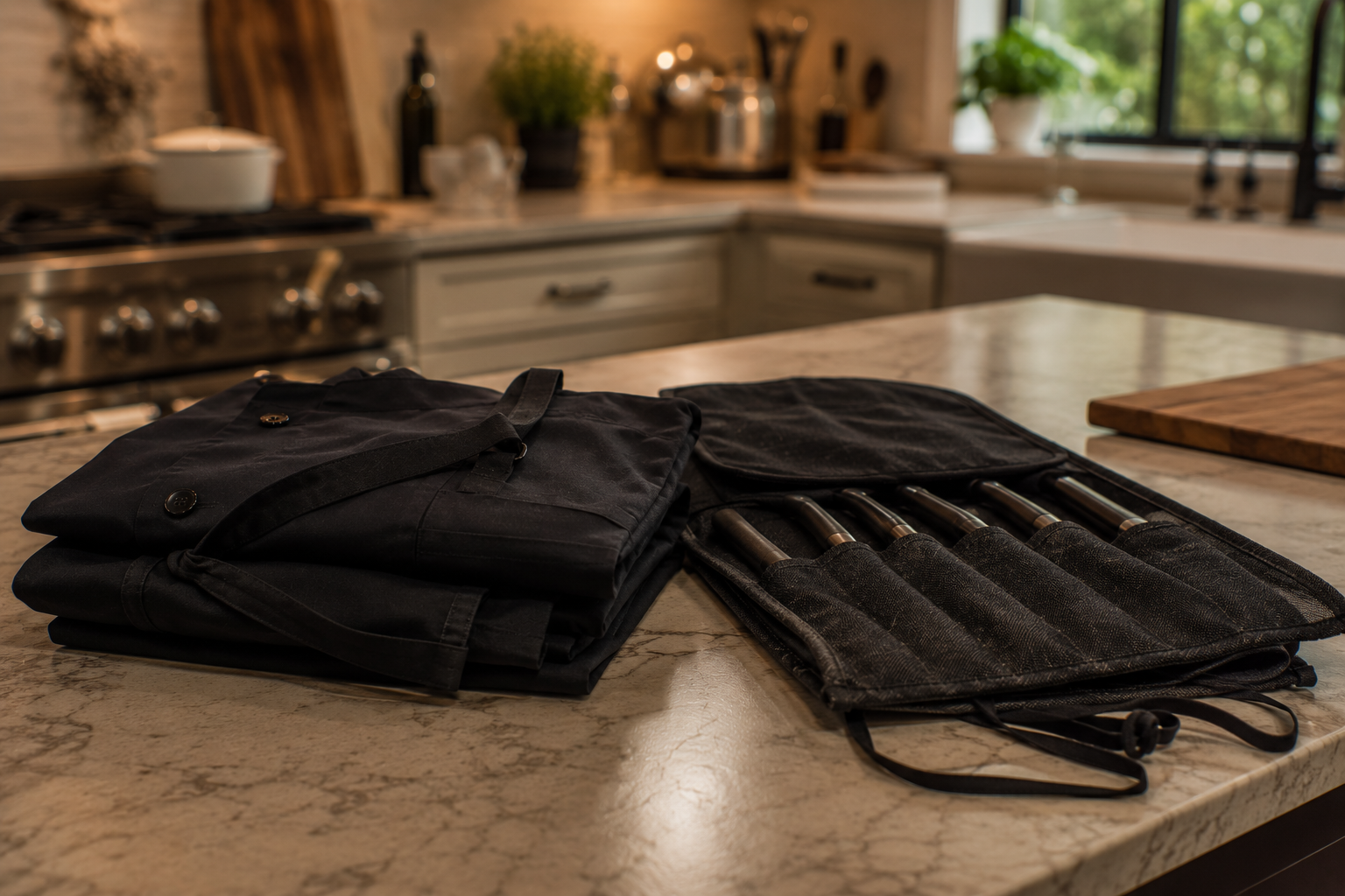 A set of black chef's aprons and a knife roll with five knives on a kitchen countertop.