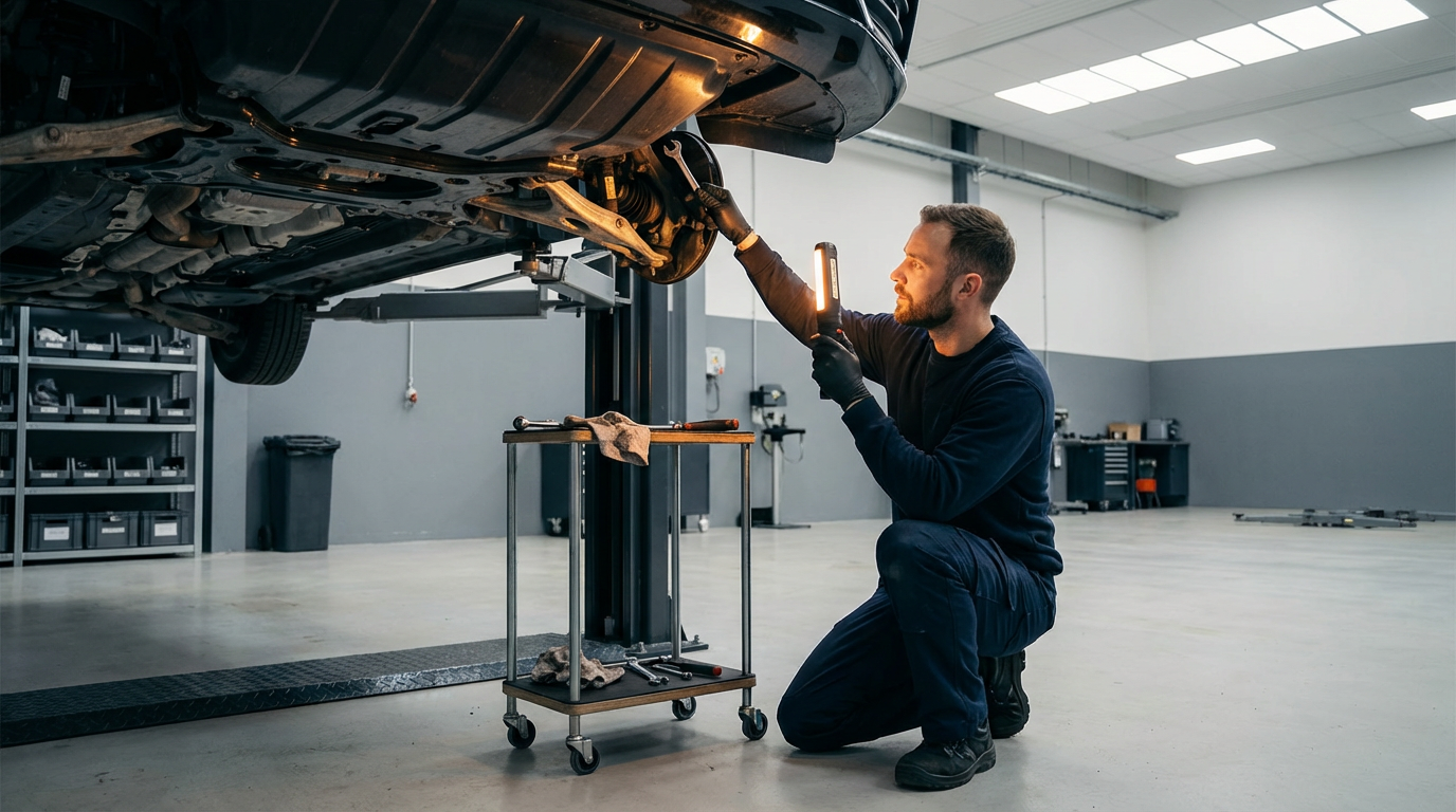 A mechanic inspecting the underside of a car lifted on a hydraulic lift in an auto repair shop.
